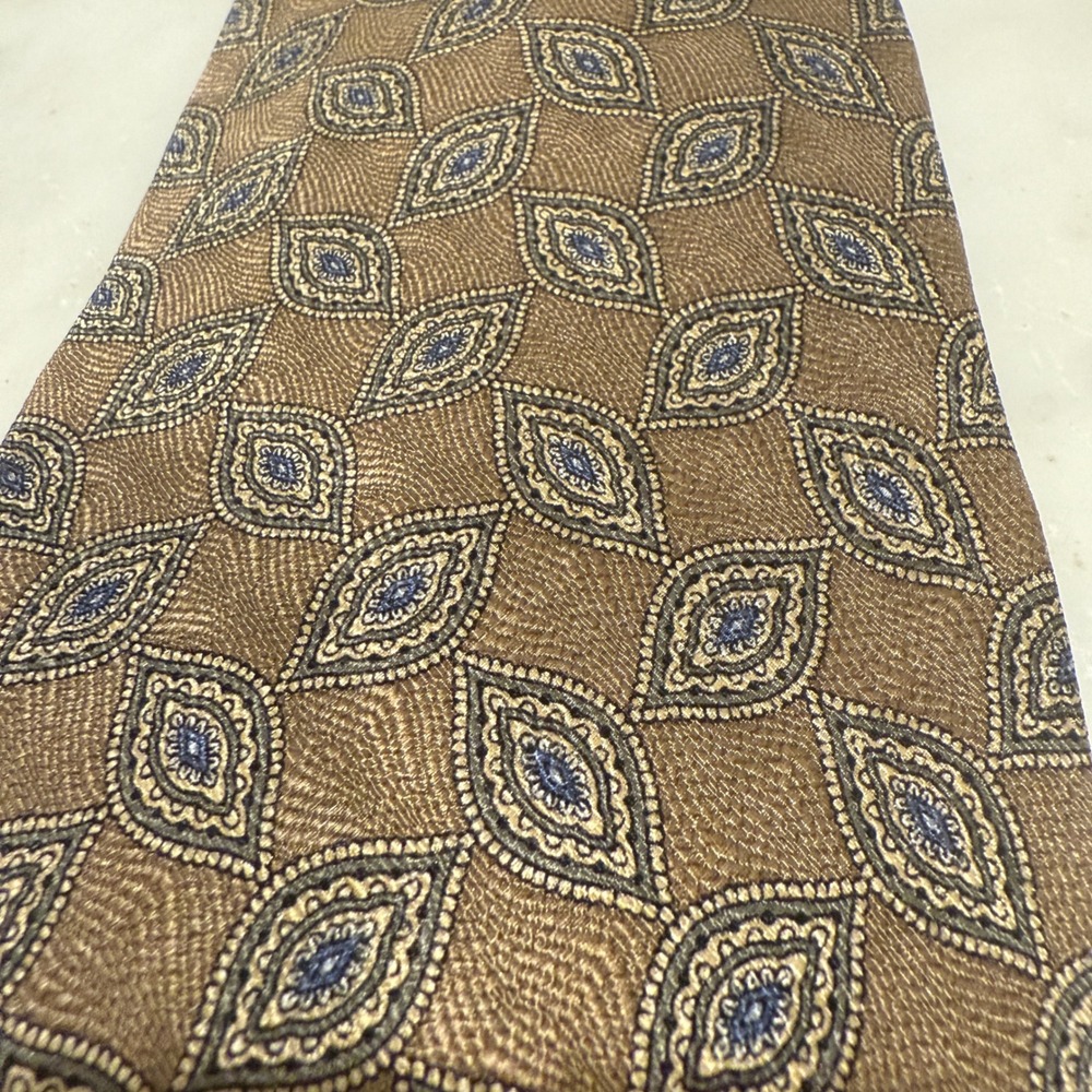 Roundtree‎ & Yorke Silk Necktie Handmade Leaf Pattern Brown Blue